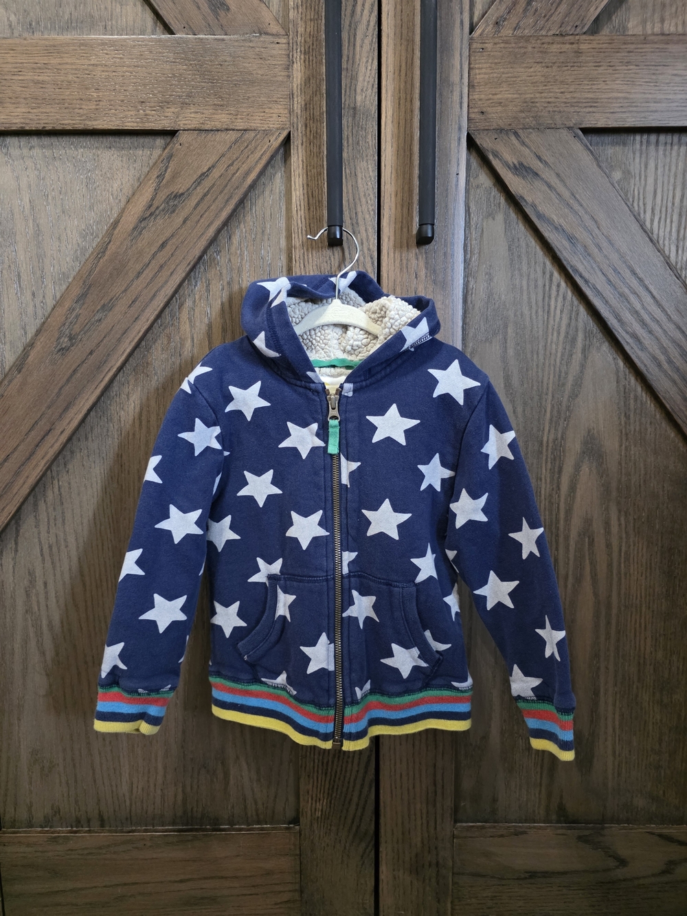 Mini Boden Navy Star Zip Hoodie with Rainbow Trim